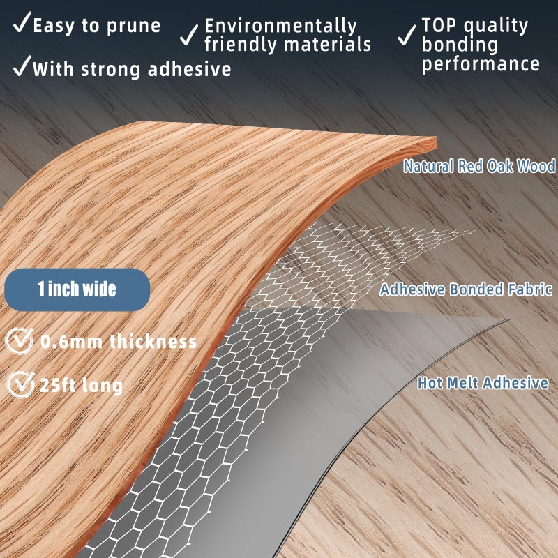 ZYJT Red Oak Edge Banding, 1 inch x 25ft roll of Real Wood Edge Banding Pre-glued Flexible, Veneer Tape for Cabinet Repair & Furniture Restoration - Image 2